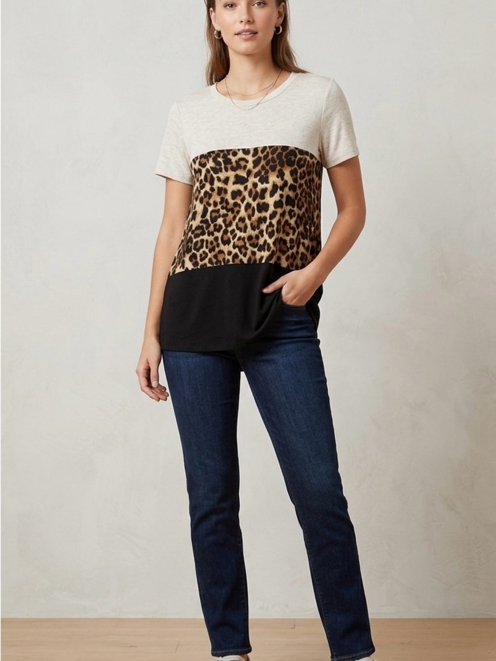 Leopard Colorblock Short Sleeve Top - Neutral Tones